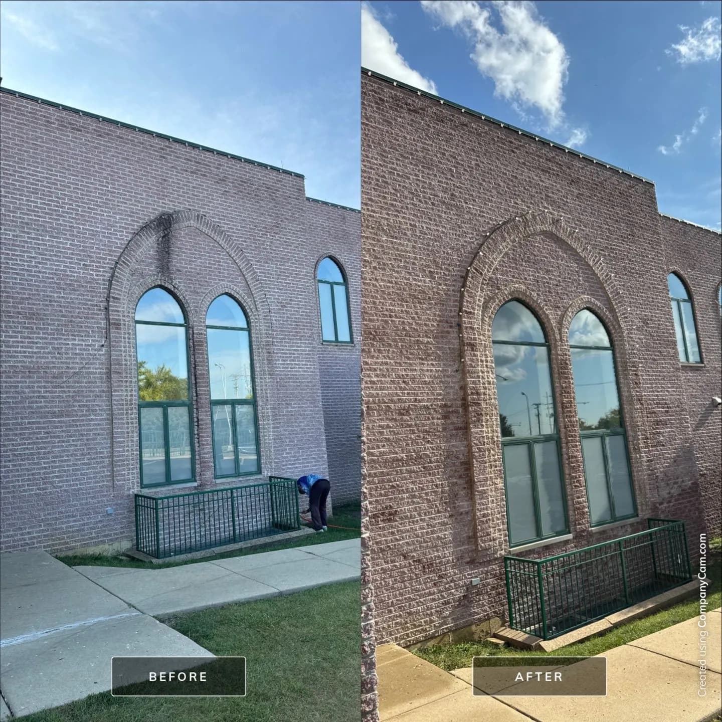 Brick church wall, before and after