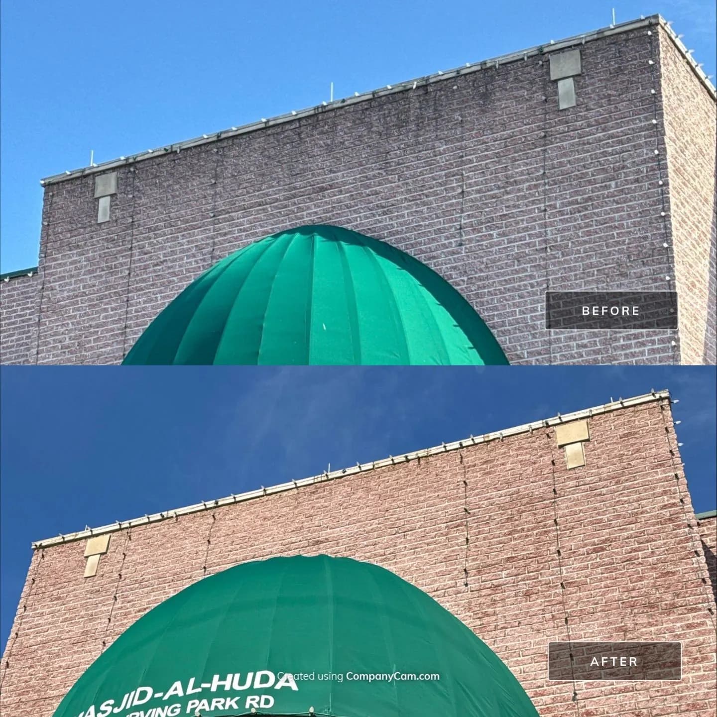 A brick building with a green dome, before and after