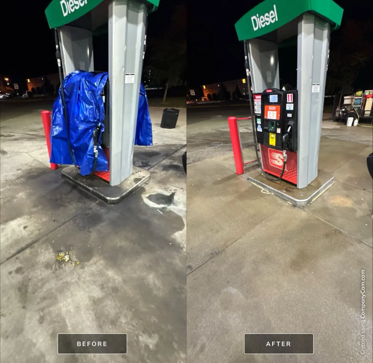 Diesel pump island, before and after