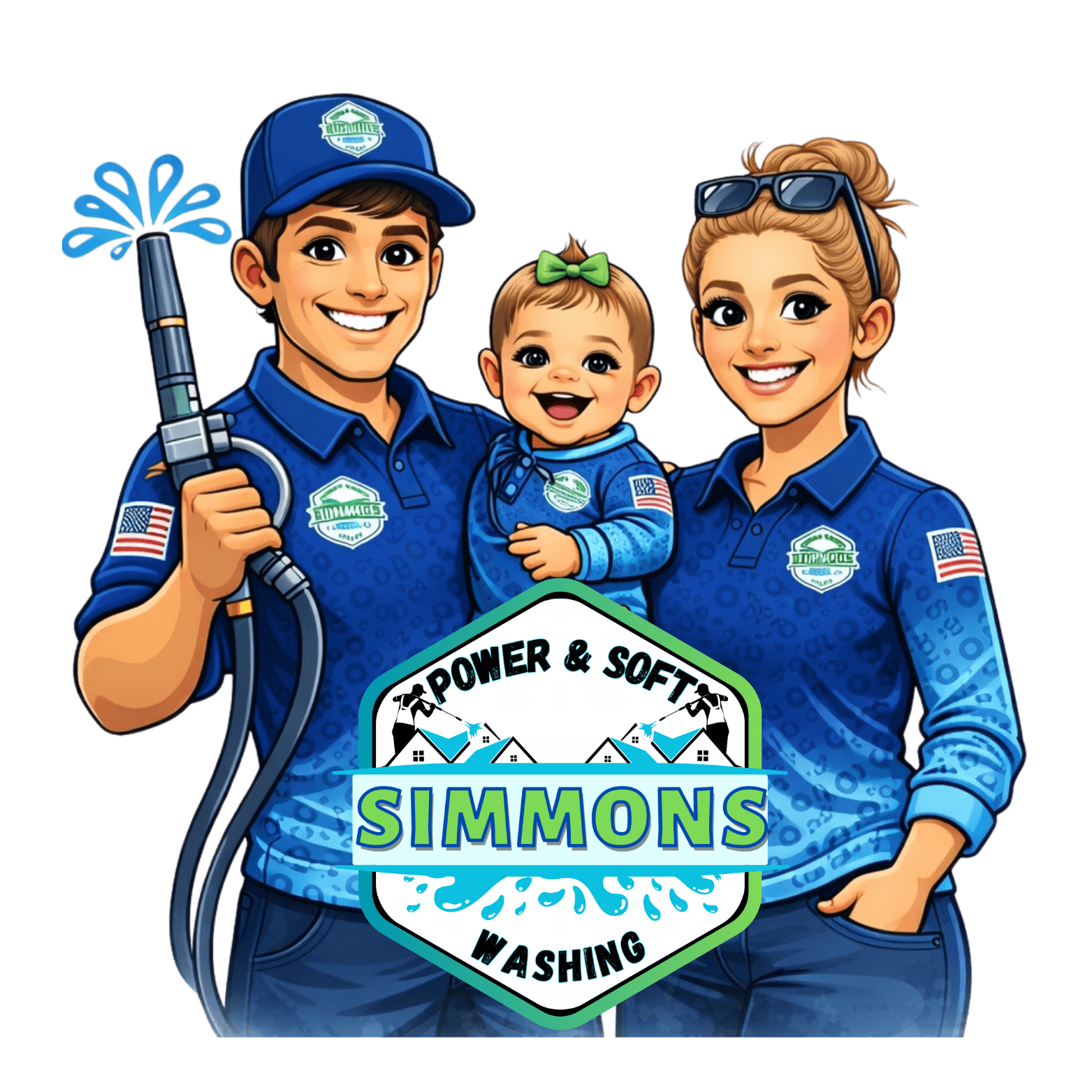 The Simmons family, drawn, in their work shirts