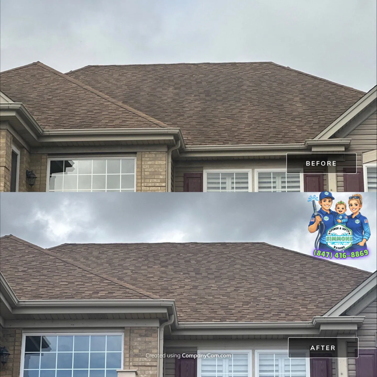 A brick home roof, before and after